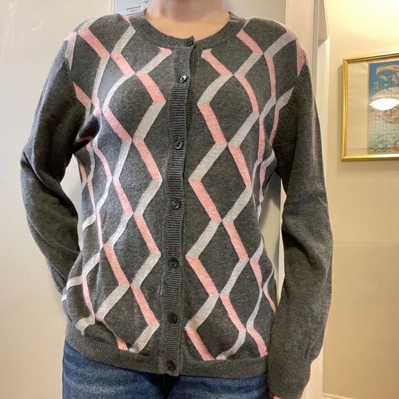 Vintage Wool Cashmere Argyle Button-Up Cardigan Pink Grey - Picture 6 of 13